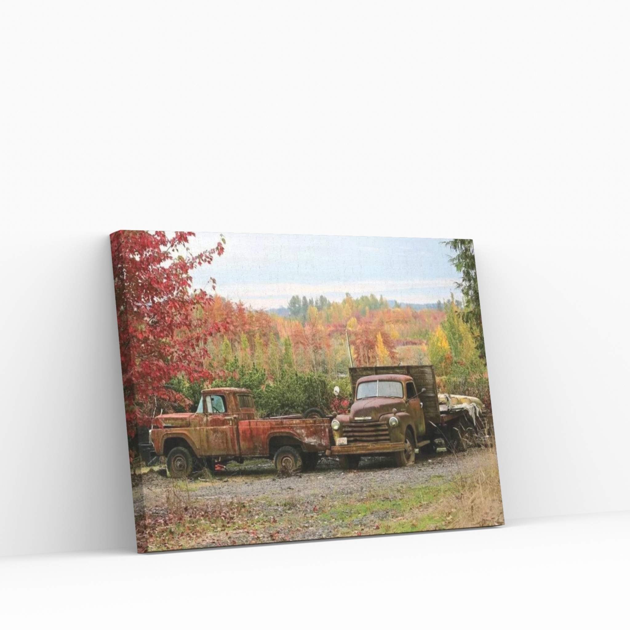 Two Autumn Vintage Trucks Canvas Wall Art - Y Canvas