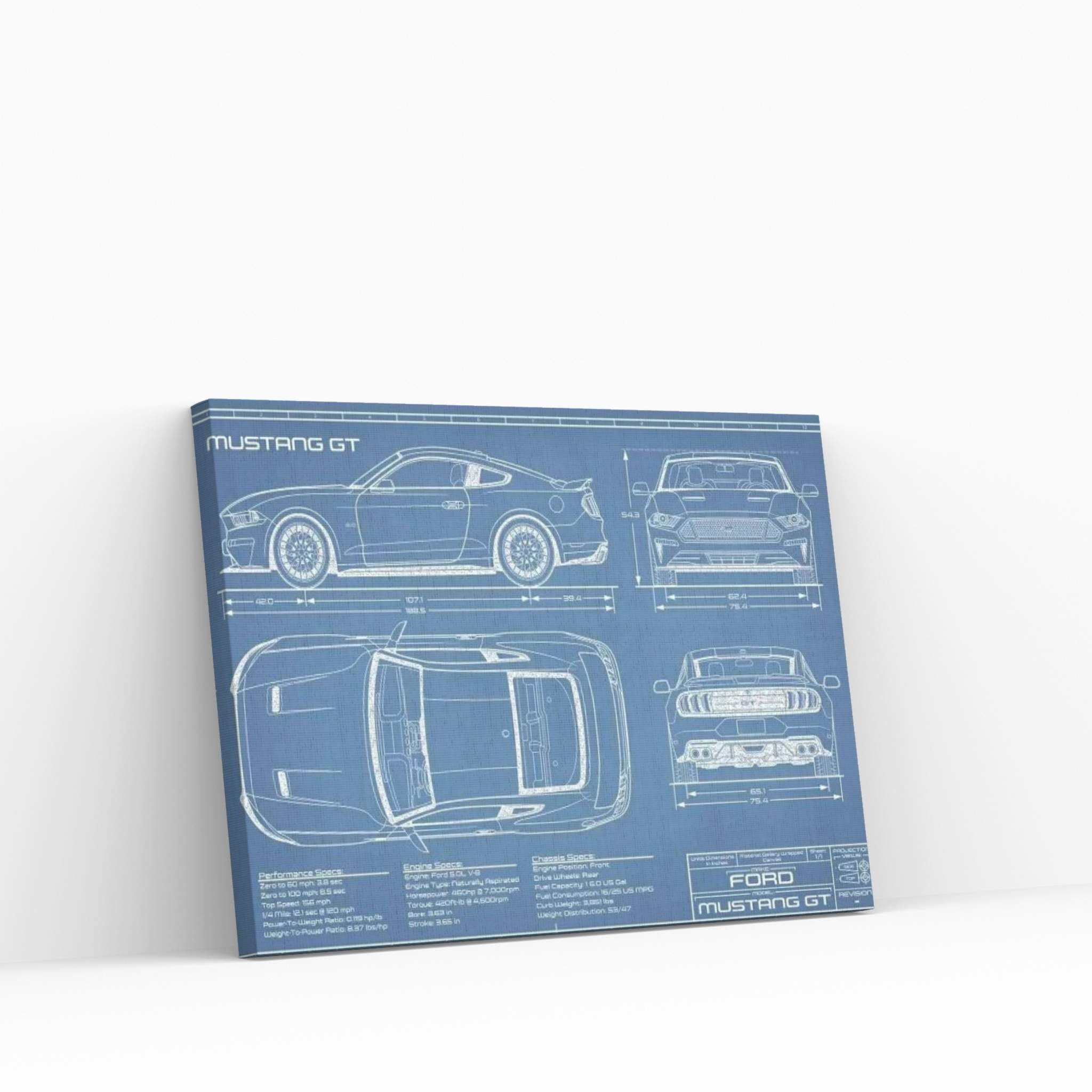 Mustang GT (2018-2020) Blueprint Canvas Wall Art - Y Canvas