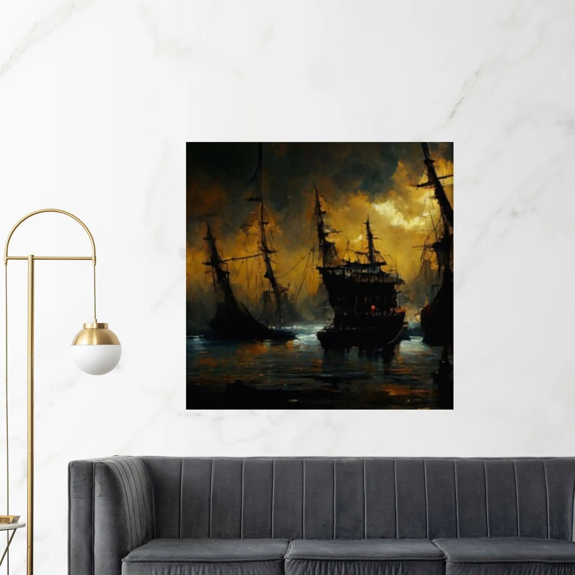 Large Dark Sea Pirates Ship Canvas Wall Art, Pirates Canvas Wall Print, Corsair on Sea Wall Hangings, Dark Colours Boat Room Decor - Y Canvas