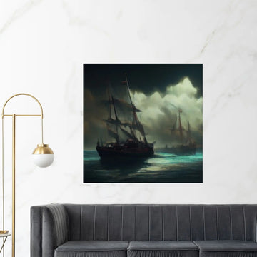 Large Dark Sea Pirates Ship Canvas Wall Art, Pirates Canvas Wall Print, Corsair on Sea Wall Hangings, Dark Colours Boat Room Decor - Y Canvas