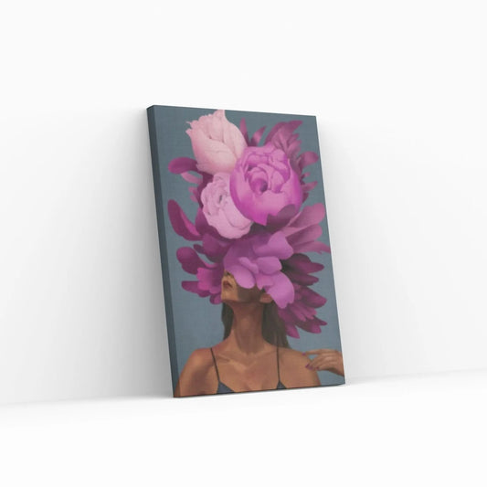 Purple Floral Woman Canvas Art, Blue Bird And Woman Wall Art, Woman with Flower and Bird Head, Visual Excellence - Y Canvas