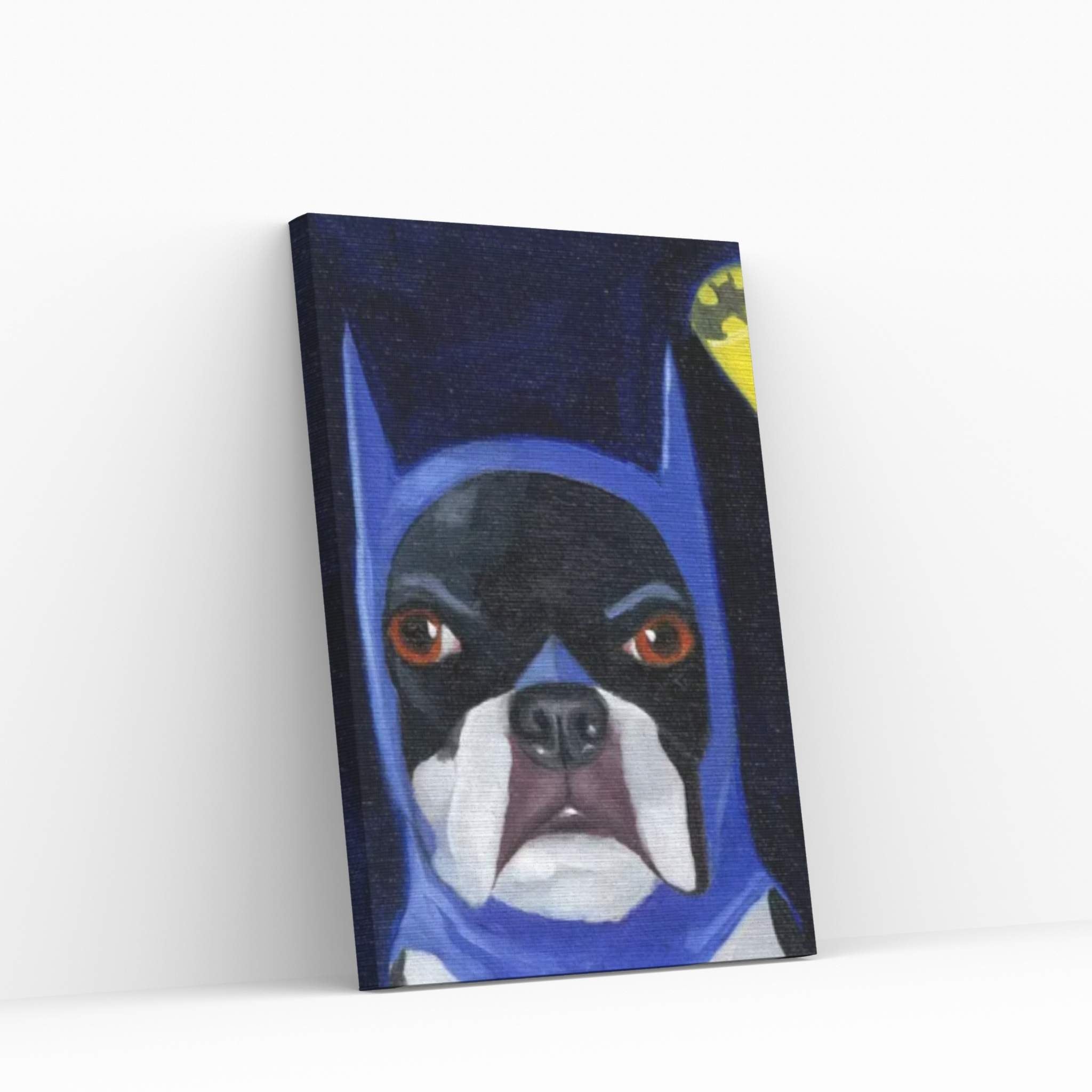 Boston Terriers Wearing Hats XVI (Batman) Canvas Wall Art - Y Canvas