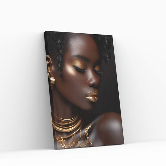 African Black Woman Gold Make-up Canvas Portrait Canvas Wall Art - Y Canvas