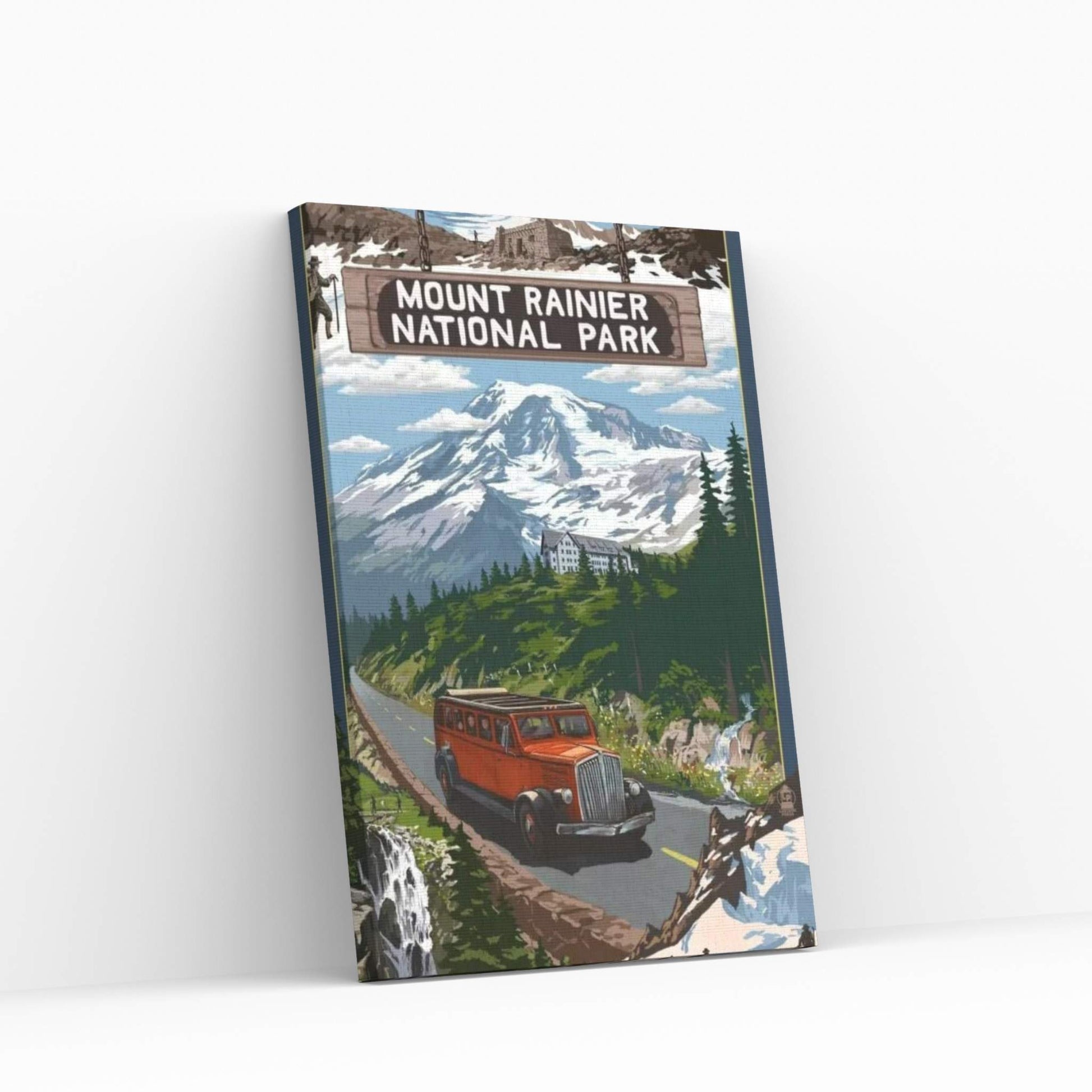 Mount Rainier National Park (Historic Red Bus) Canvas Wall Art - Y Canvas