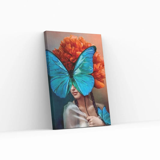 Blue Butterfly and Woman, Canvas Wall Art Print Poster flower woman painting - Y Canvas