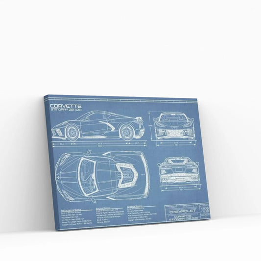 Corvette (C8) Stingray Blueprint Canvas Wall Art - Y Canvas