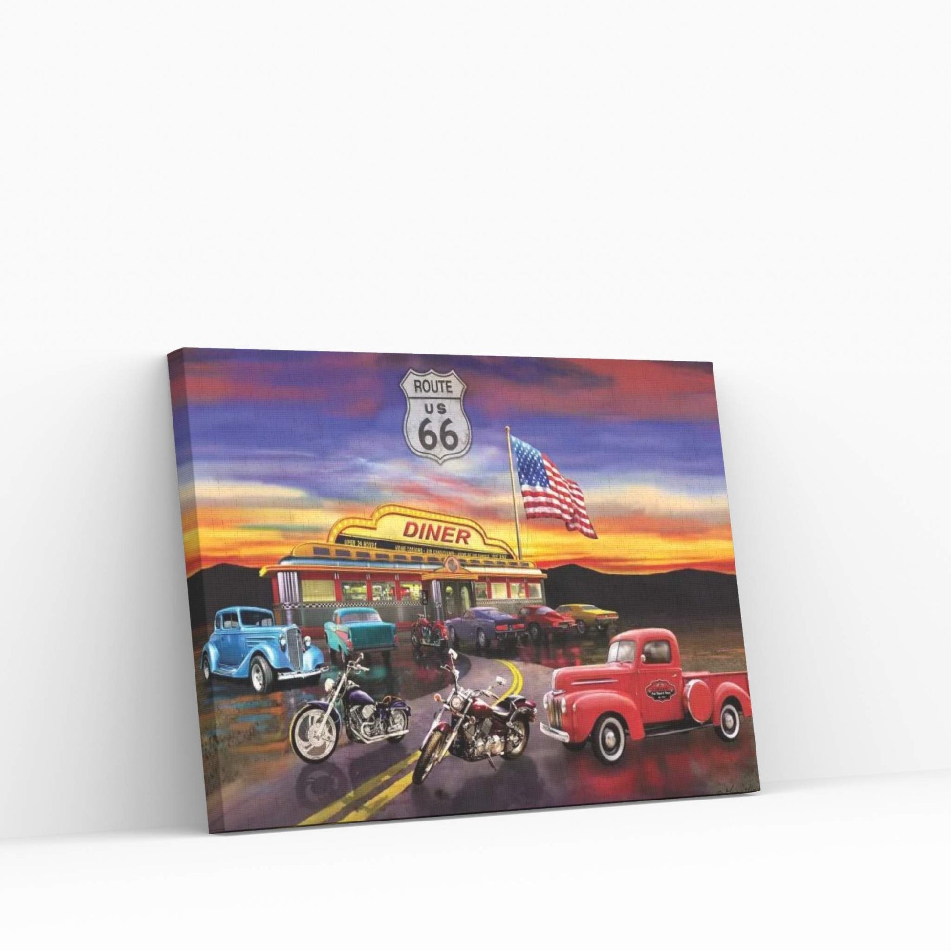 Nostalgic America Diner And Cars Canvas Wall Art - Y Canvas