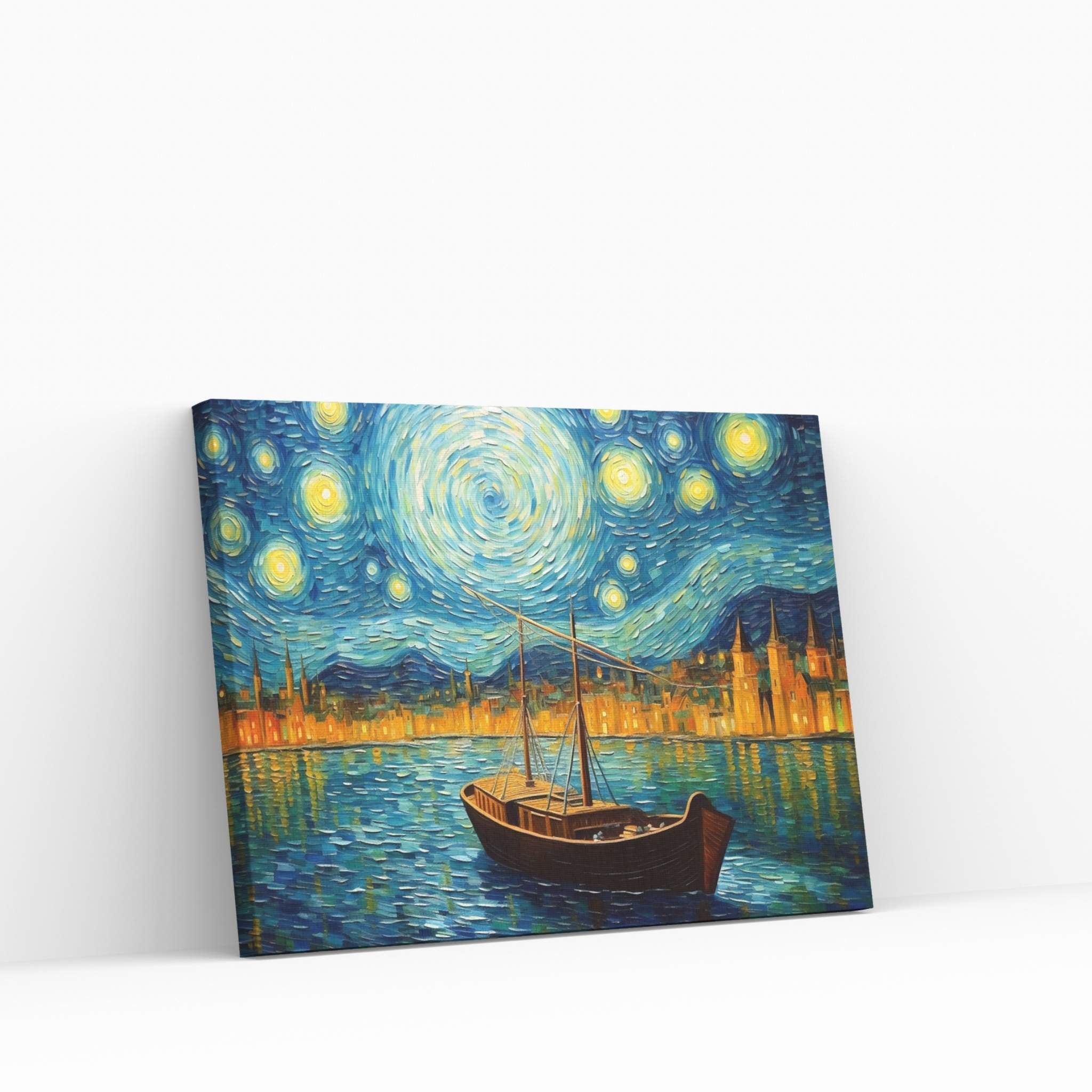 Van Gogh Style Starry Nigt Boat Ship Landscape Reproduction Canvas Wall Art - Y Canvas