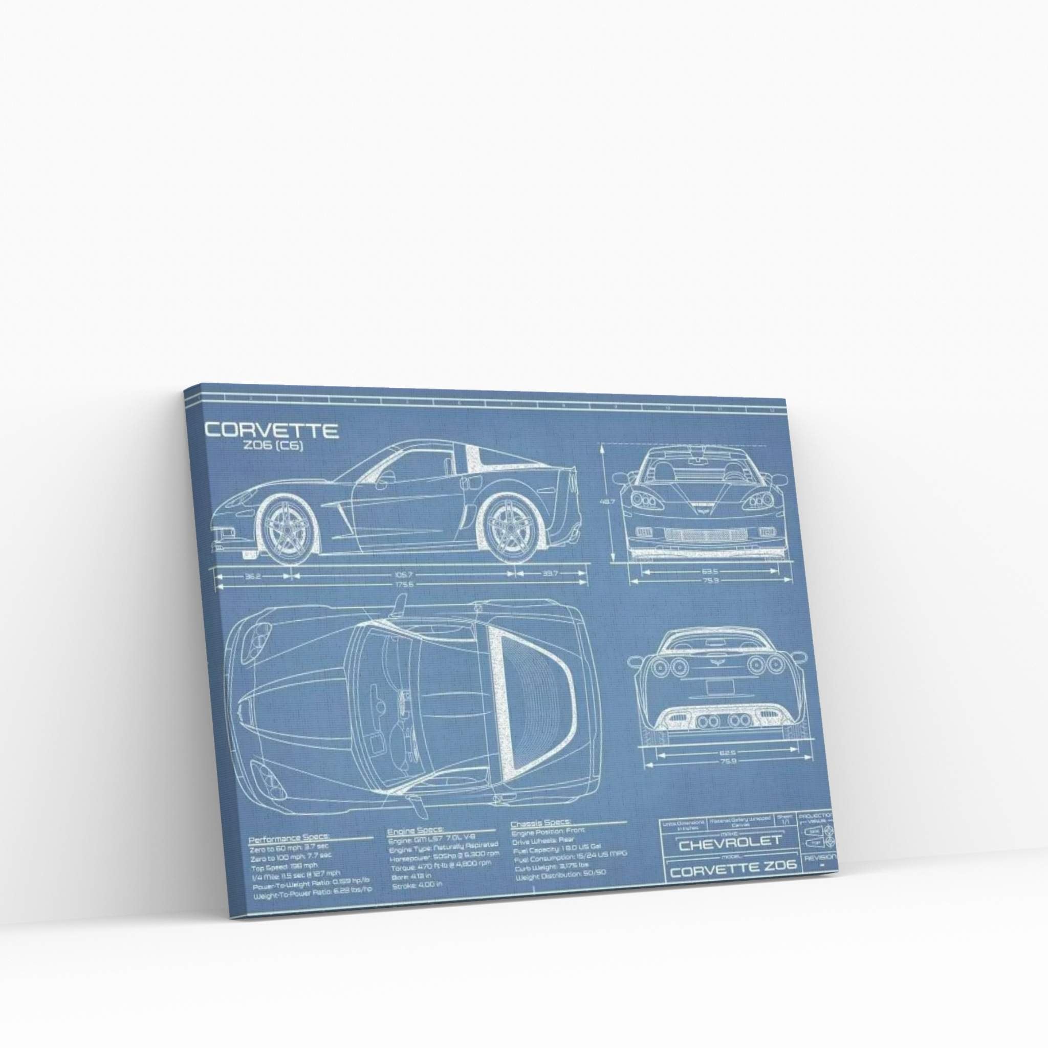 Corvette (C6) Z06 Blueprint Canvas Wall Art - Y Canvas