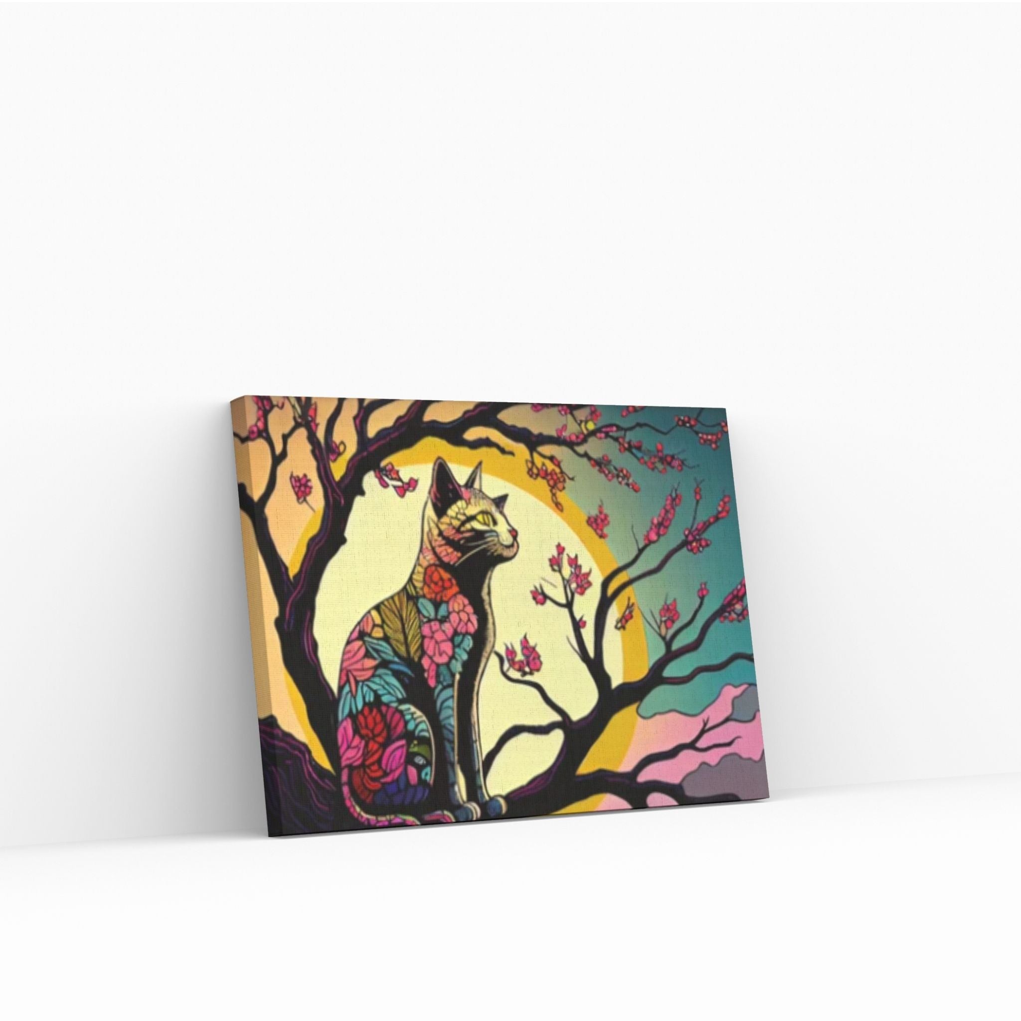 Cat Animal Canvas - Rainbow Cat- Japanese Cherry Tree - Picasso Style - Y Canvas