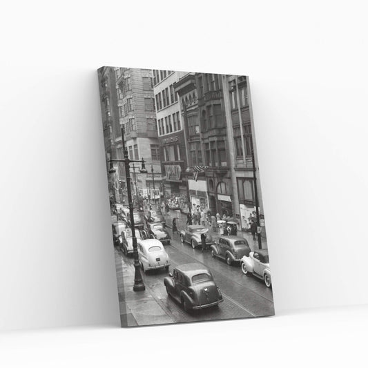 1940s Rainy Day On Chestnut Street Philadelphia Pa Cars Pedestrians Storefronts Canvas Wall Art - Y Canvas