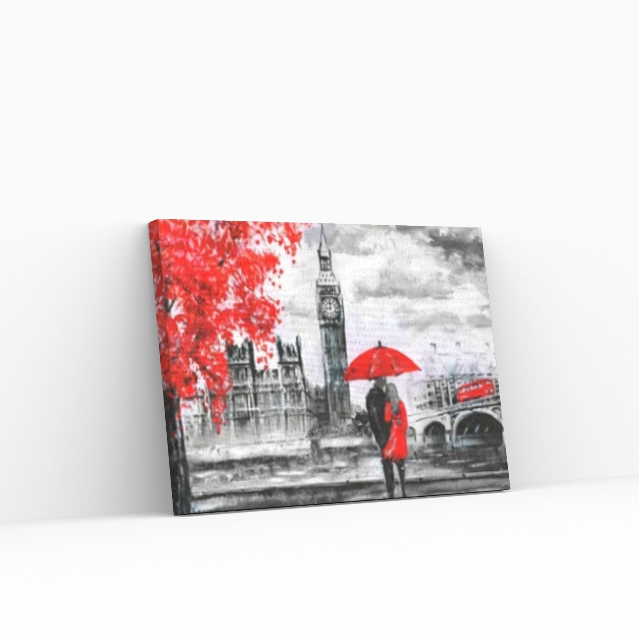 England Bridge illustration Man and woman under red umbrella photo, London street Oil painting - Y Canvas