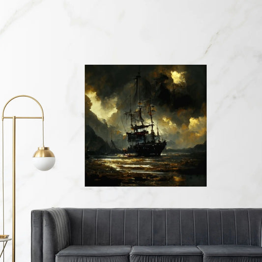 Large Dark Sea Pirates Ship Canvas Wall Art, Pirates Canvas Wall Print, Corsair on Sea Wall Hangings, Dark Colours Boat Room Decor - Y Canvas