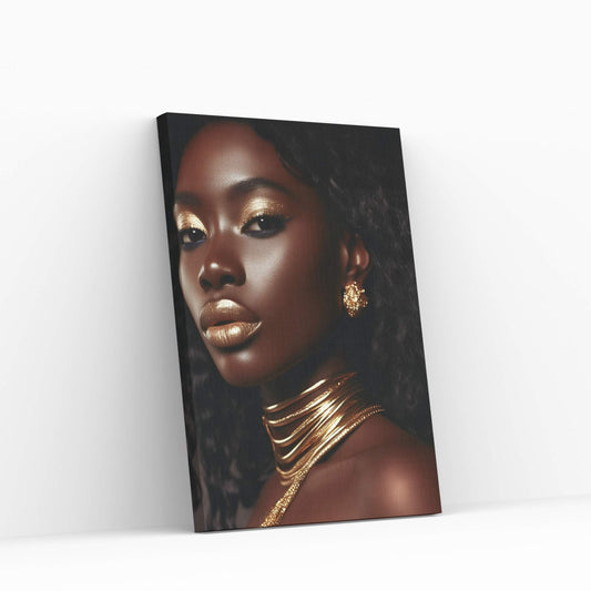 African Black Woman Gold Make-up Canvas Portrait Canvas Wall Art - Y Canvas