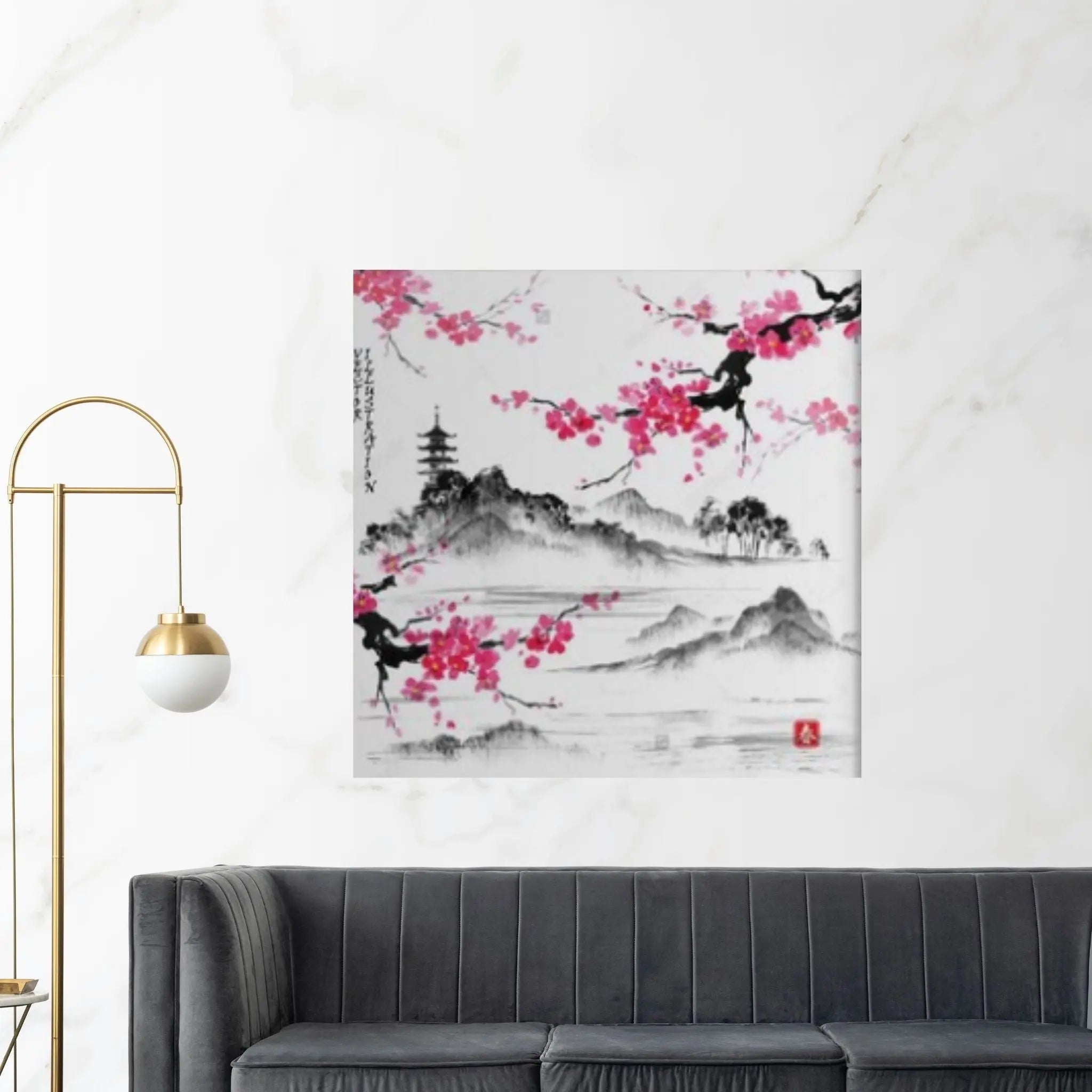 Japanese Landscape with sakura branches, Vector illustration. Hieroglyph Canvas Wall Art - Y Canvas