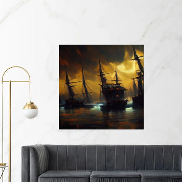 Large Dark Sea Pirates Ship Canvas Wall Art, Pirates Canvas Wall Print, Corsair on Sea Wall Hangings, Dark Colours Boat Room Decor - Y Canvas