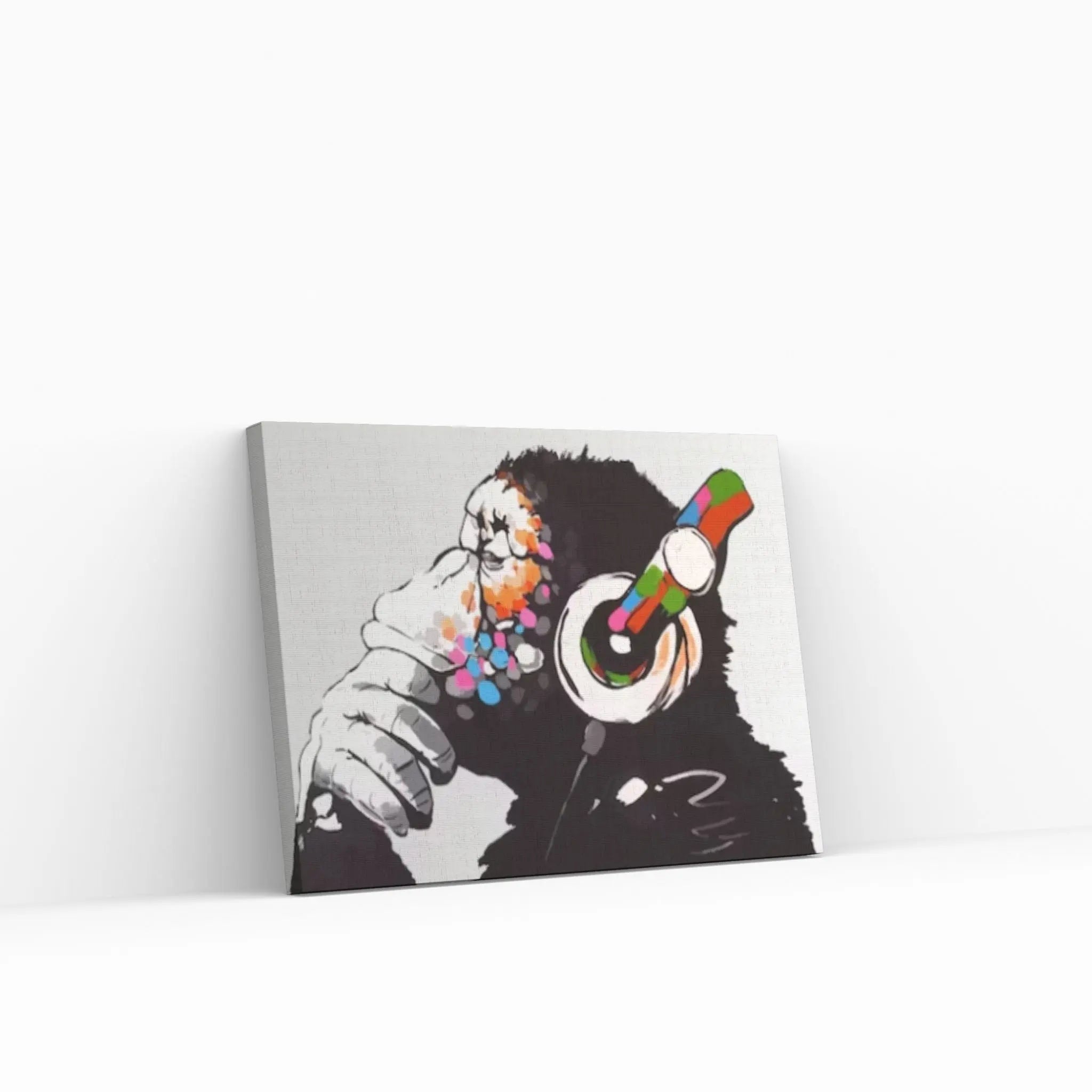 Monkey Headphones Canvas Wall Art, Thinking Monkey DJ, Banksy Monkey - Y Canvas