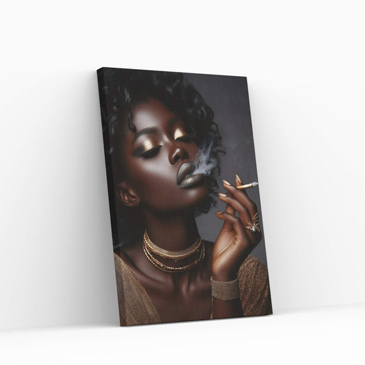 African Black Woman Gold Make-up Smoke Canvas Portrait Canvas Wall Art - Y Canvas