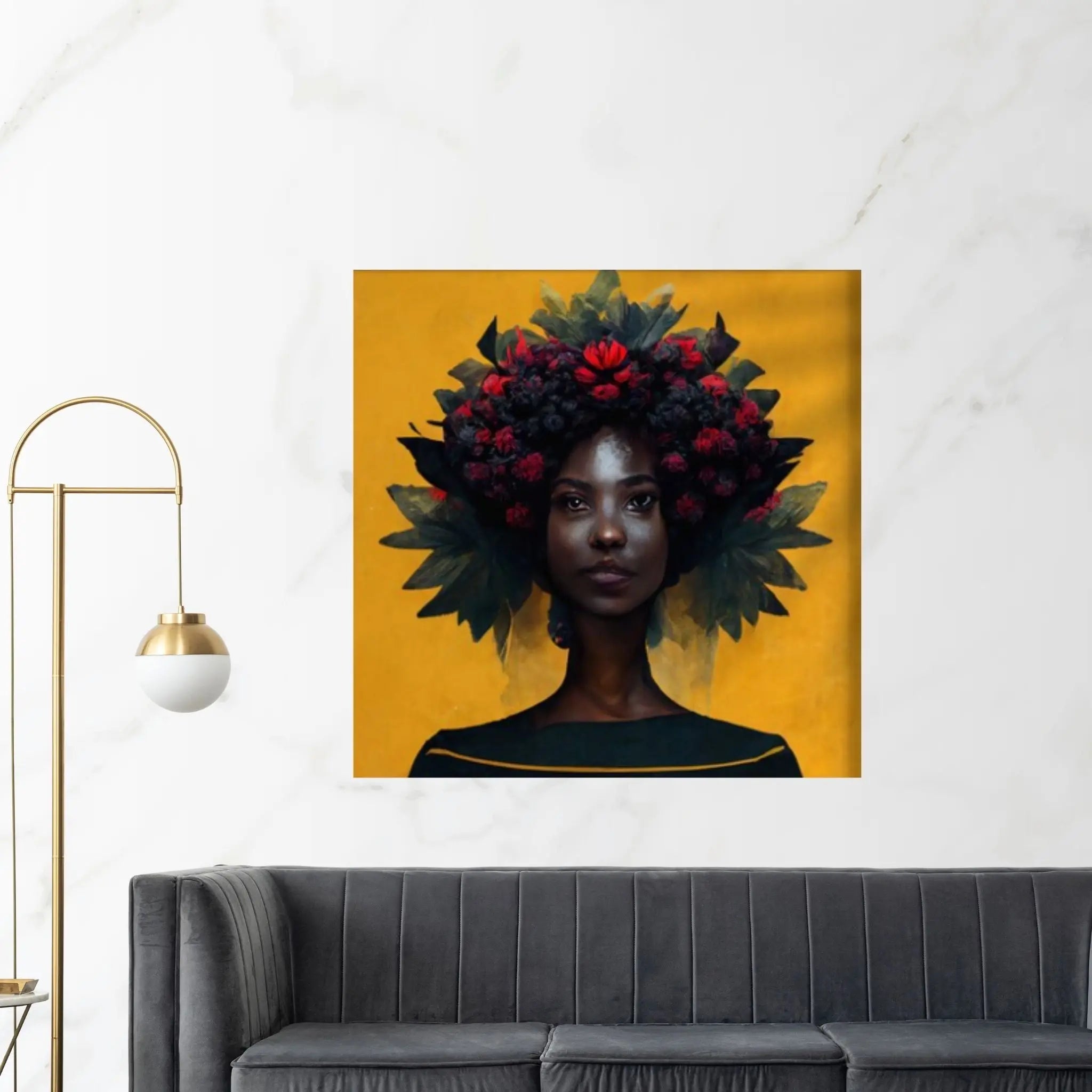 Black woman head flowers Canvas wall art,Black art, Black girl print, flower woman painting, Girl Flowers Poster - Y Canvas