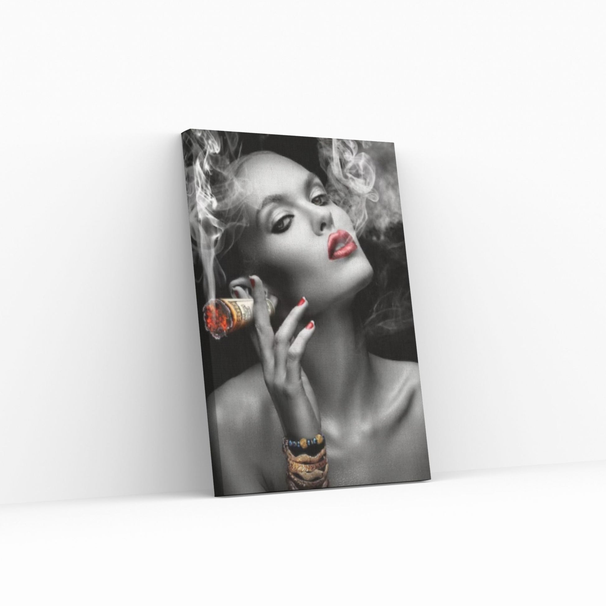 Woman Smoking Cigar Canvas, Smoking Girl Poster, Dollar Cigar Poster Art, Woman with Red Lipstick Wall Decor - Y Canvas