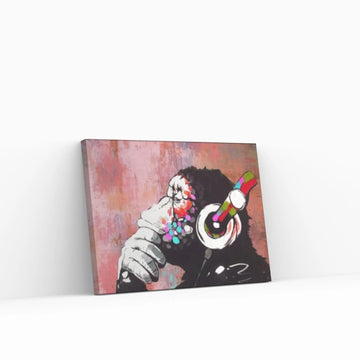 Monkey Headphones Canvas Wall Art, Thinking Monkey DJ, Banksy Monkey - Y Canvas