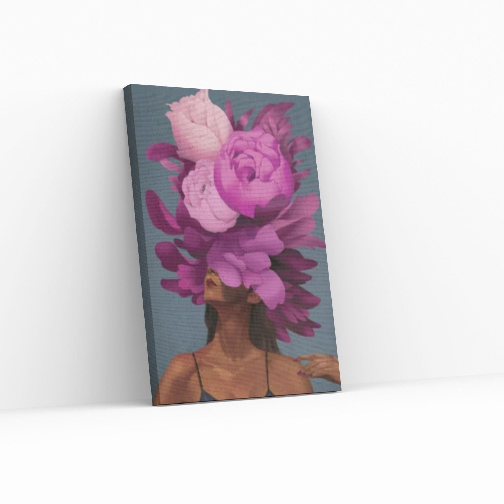 Purple Floral Woman Canvas Art, Blue Bird And Woman Wall Art, Woman with Flower and Bird Head - Y Canvas