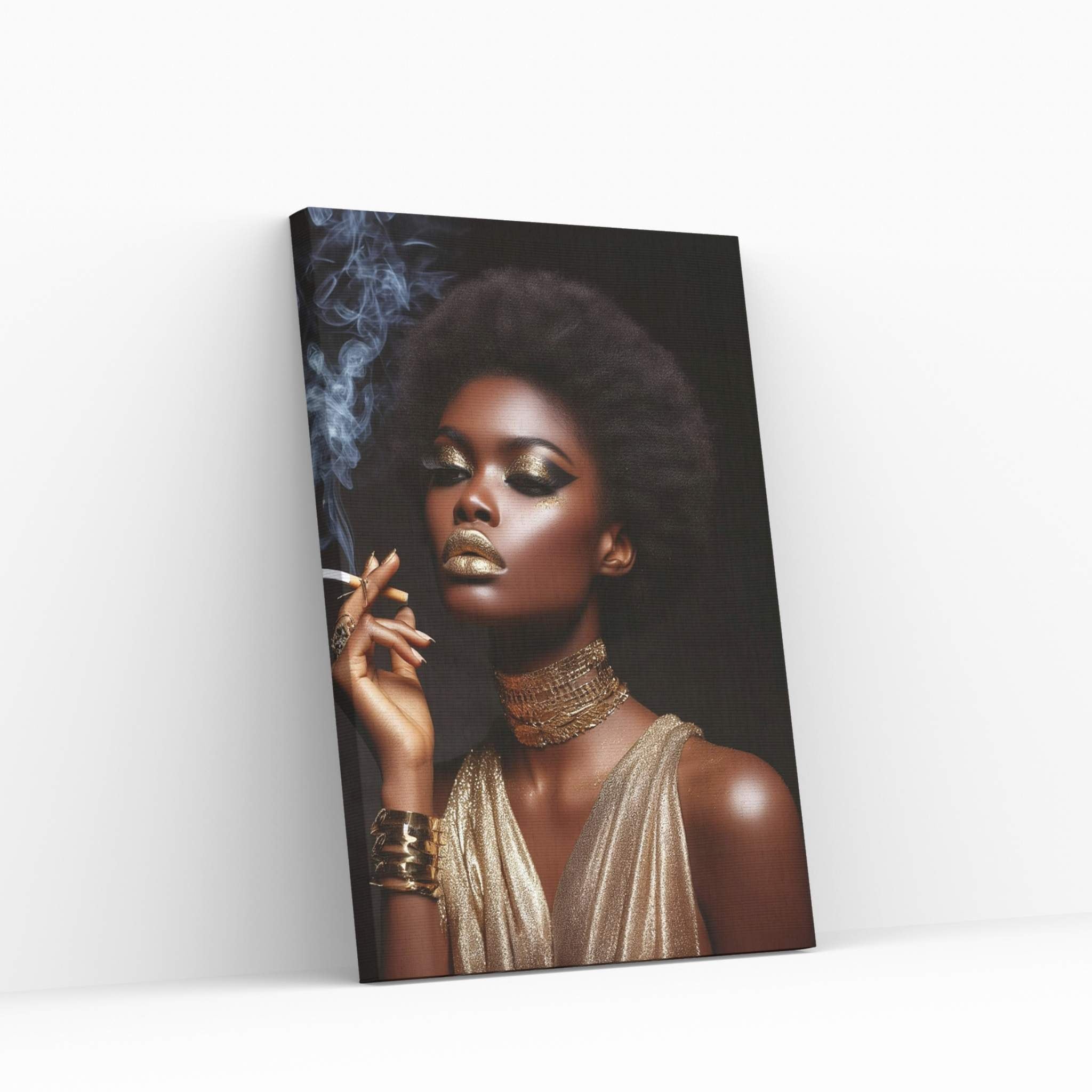 African Black Woman Gold Make-up Smoke Canvas Portrait Canvas Wall Art - Y Canvas