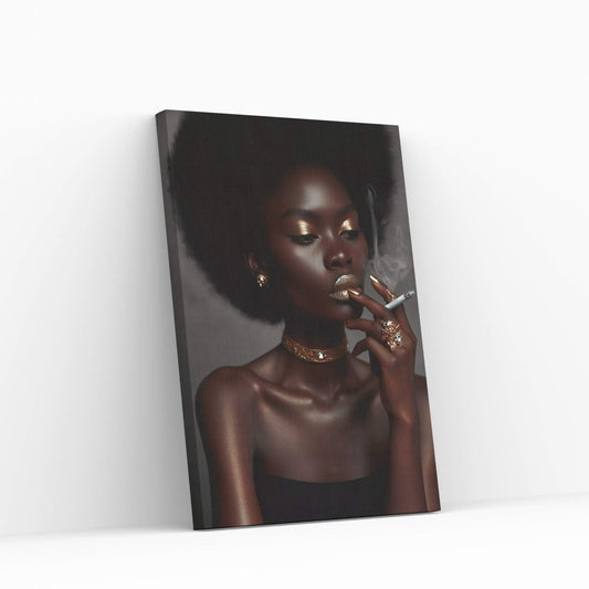 African Black Woman Gold Make-up Smoke Canvas Portrait Canvas Wall Art - Y Canvas