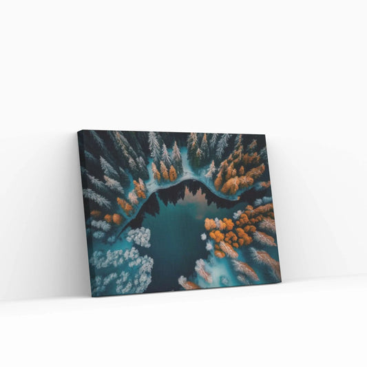 Snowy Pine Forest and Mountain Lake Canvas Wall Art - Y Canvas