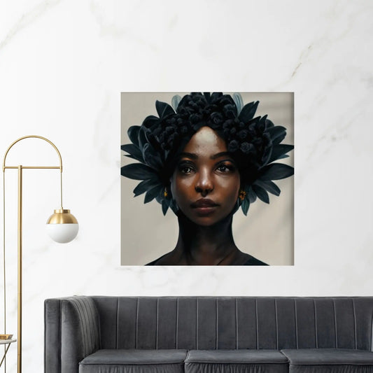 Black woman head flowers Canvas wall art,Black art, Black girl print, flower woman painting, Girl Flowers Poster - Y Canvas