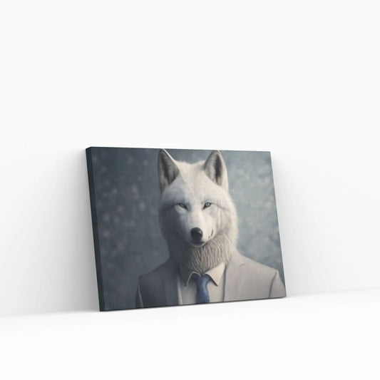 Wolf Canvas Wall Art - Portrait of a white wolf dressed in a formal business suit - Y Canvas