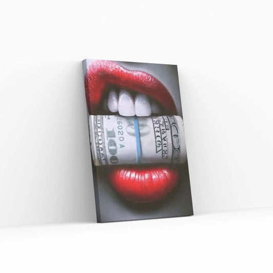 Red Lips Canvas Wall Art, Women Lips Canvas Wall Print, Money Cigar Between Lips Wall Hangings - Y Canvas