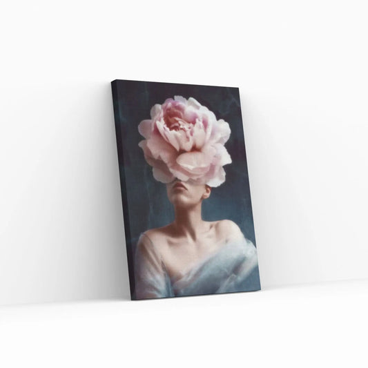 Dazzling Beauty: Woman Canvas with Pink Flower Head - Y Canvas