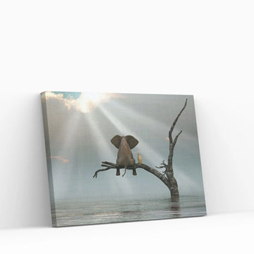 Elephant And Dog Are Sitting On A Tree Fleeing A Flood Canvas Wall Art - Y Canvas