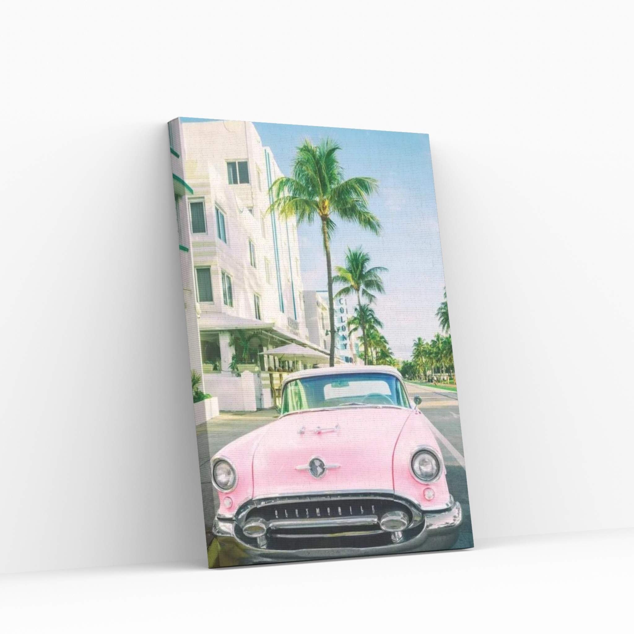 Pink Oldsmobile, Miami Art Deco, Florida Canvas Wall Art - Y Canvas