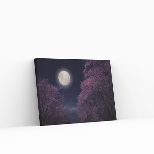 Moon over the Sea, Cherry Tree Blossoms Painting Print on Canvas - Y Canvas