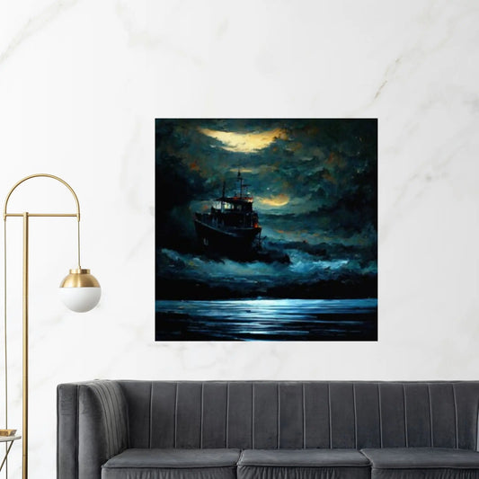 Large Dark Sea Pirates Ship Canvas Wall Art, Pirates Canvas Wall Print, Corsair on Sea Wall Hangings, Dark Colours Boat Room Decor - Y Canvas