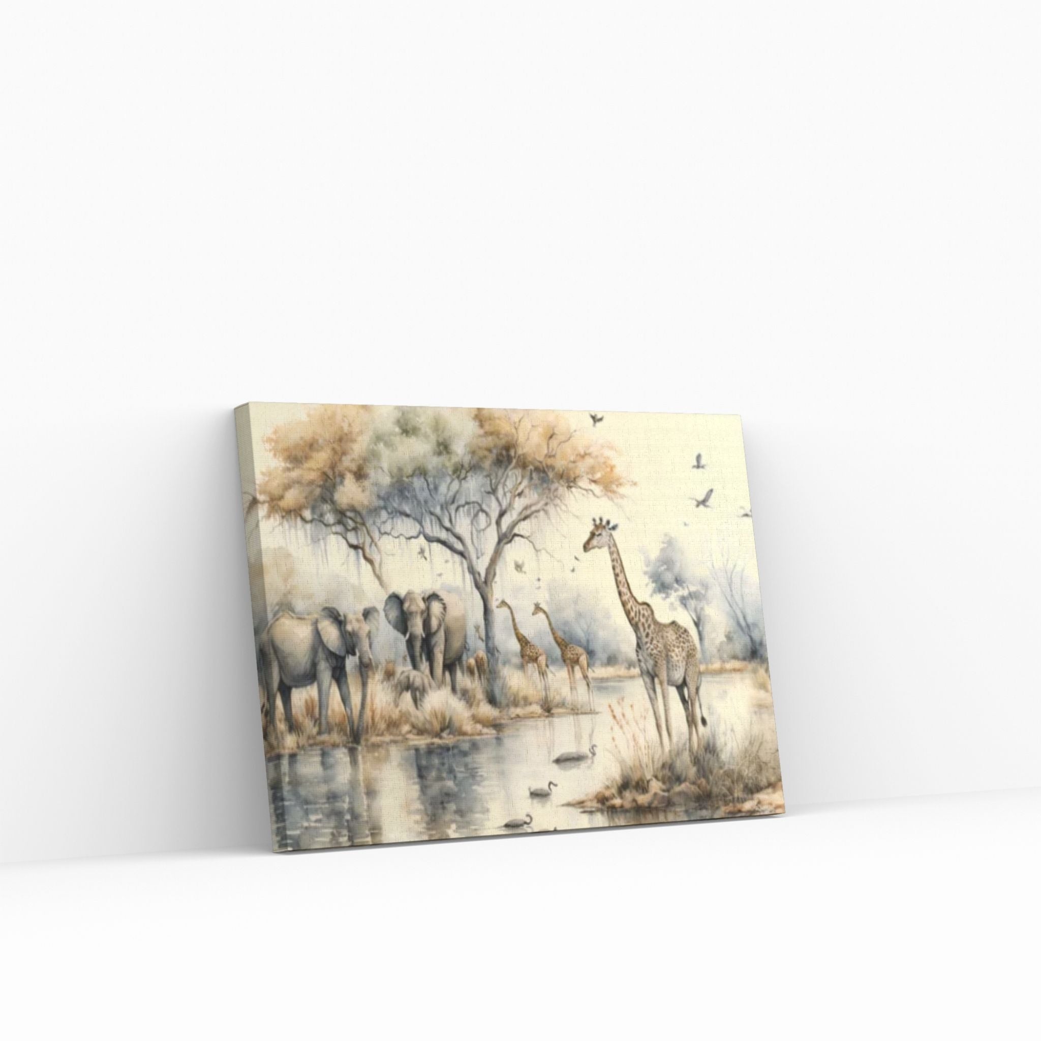 African Safari Tropical Jungle with trees , giraffes, elephants and birds Canvas Wall Art - Y Canvas