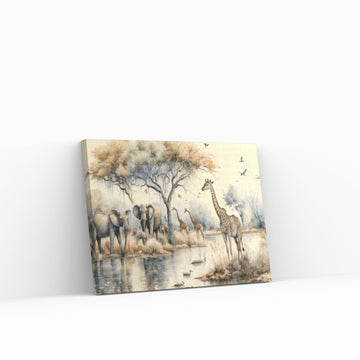 African Safari Tropical Jungle with trees , giraffes, elephants and birds Canvas Wall Art - Y Canvas