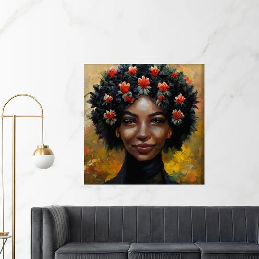 Black woman head flowers Canvas wall art,Black art, Black girl print, flower woman painting, Girl Flowers Poster - Y Canvas