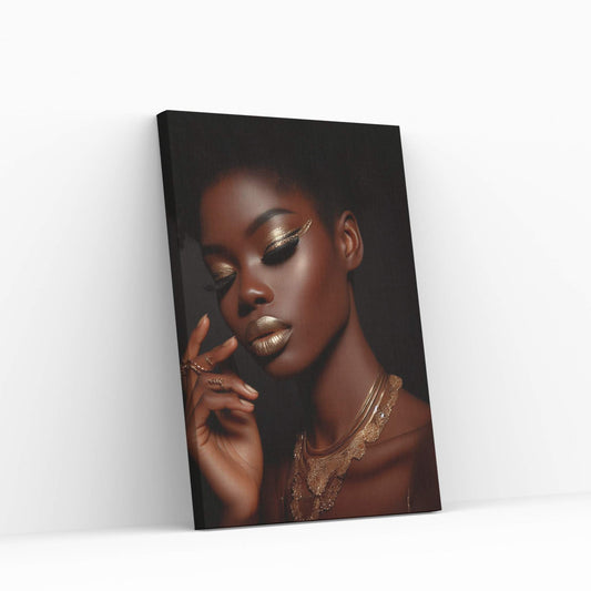 African Black Woman Gold Make-up Canvas Portrait Canvas Wall Art - Y Canvas