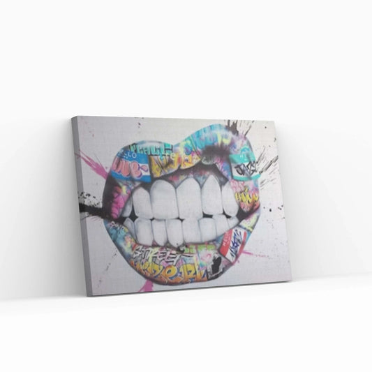 Banksy Poster, Lip and Teeth, Colourful Canvas, Banksy Graffiti Art Print, Woman Graffiti Wall Art, Famous Mural Quote Canvas Wall Art - Y Canvas