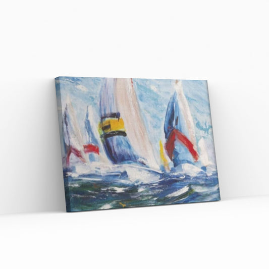 Large Sailboat Party Print Painting On Canvas, Oil Effect Colorful Living Room Wall Art - Y Canvas