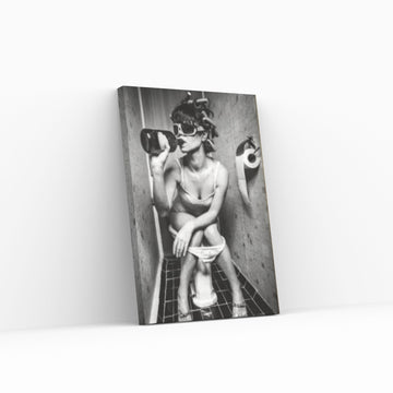 Bathroom Drink Canvas Wall Art Poster,Humor Restroom Photo Print Modern, Black and White Bathroom Woman Drinking on the Toilet - Y Canvas