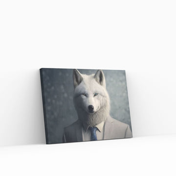 Wolf Canvas Wall Art - Portrait of a white wolf dressed in a formal business suit - Y Canvas