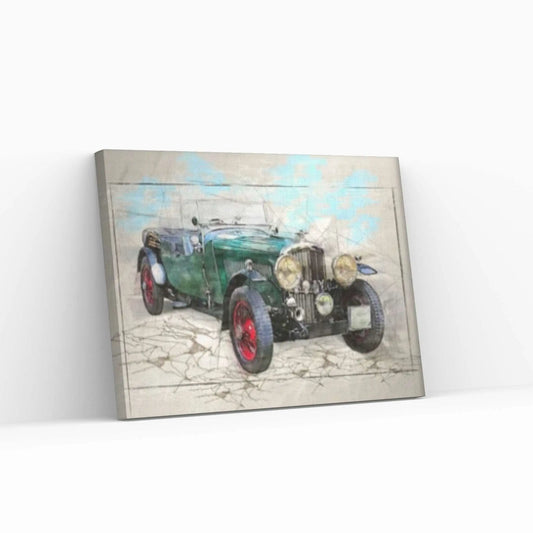 Green Classic Car Drawing Effect Canvas Art, Nostalgic Car Wall Decor, Vintage Car Art - Y Canvas