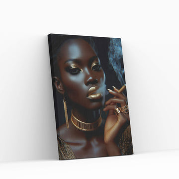 African Black Woman Gold Make-up Smoke Canvas Portrait Canvas Wall Art - Y Canvas