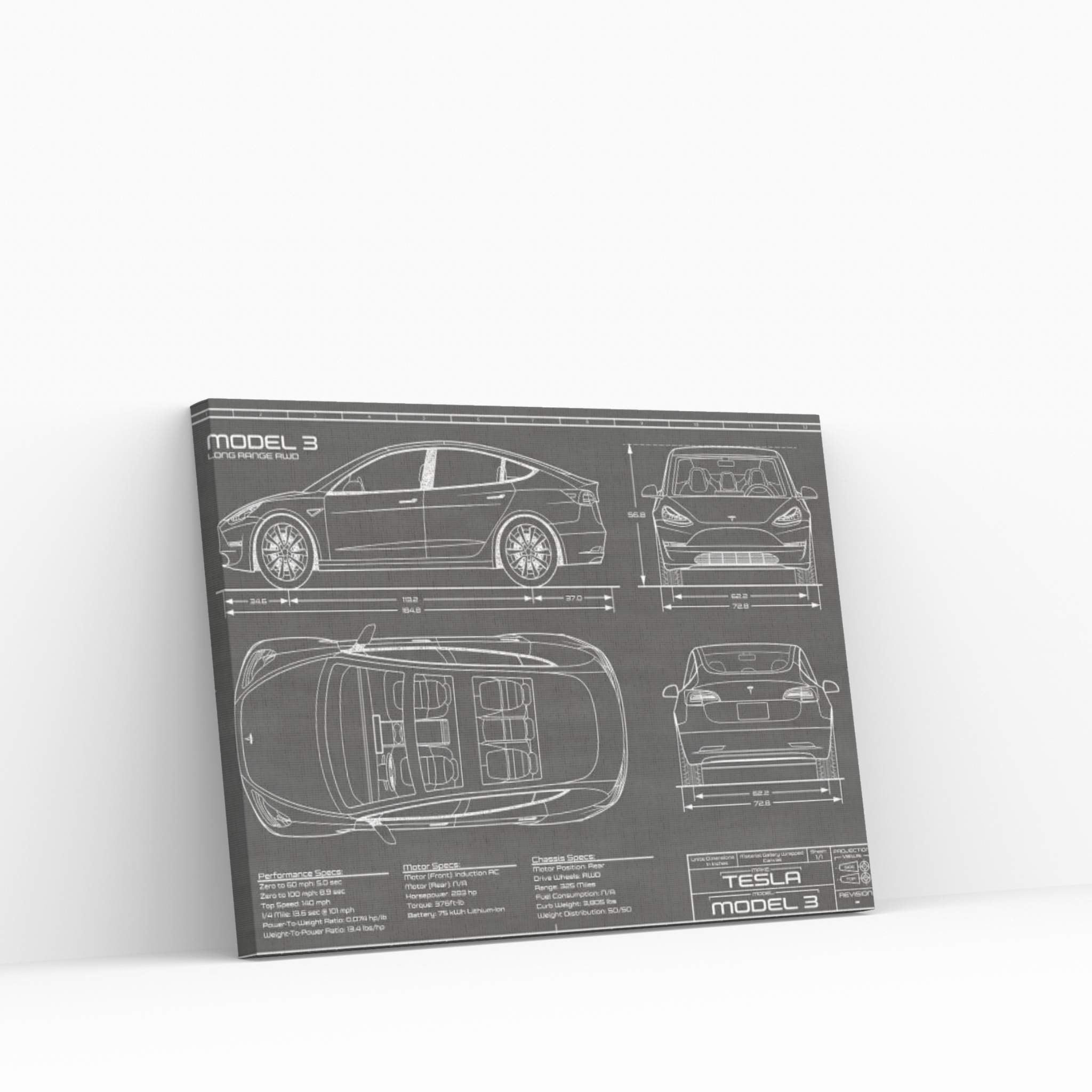 Tesla Model 3 (Long Range RWD) Black Canvas Wall Art - Y Canvas