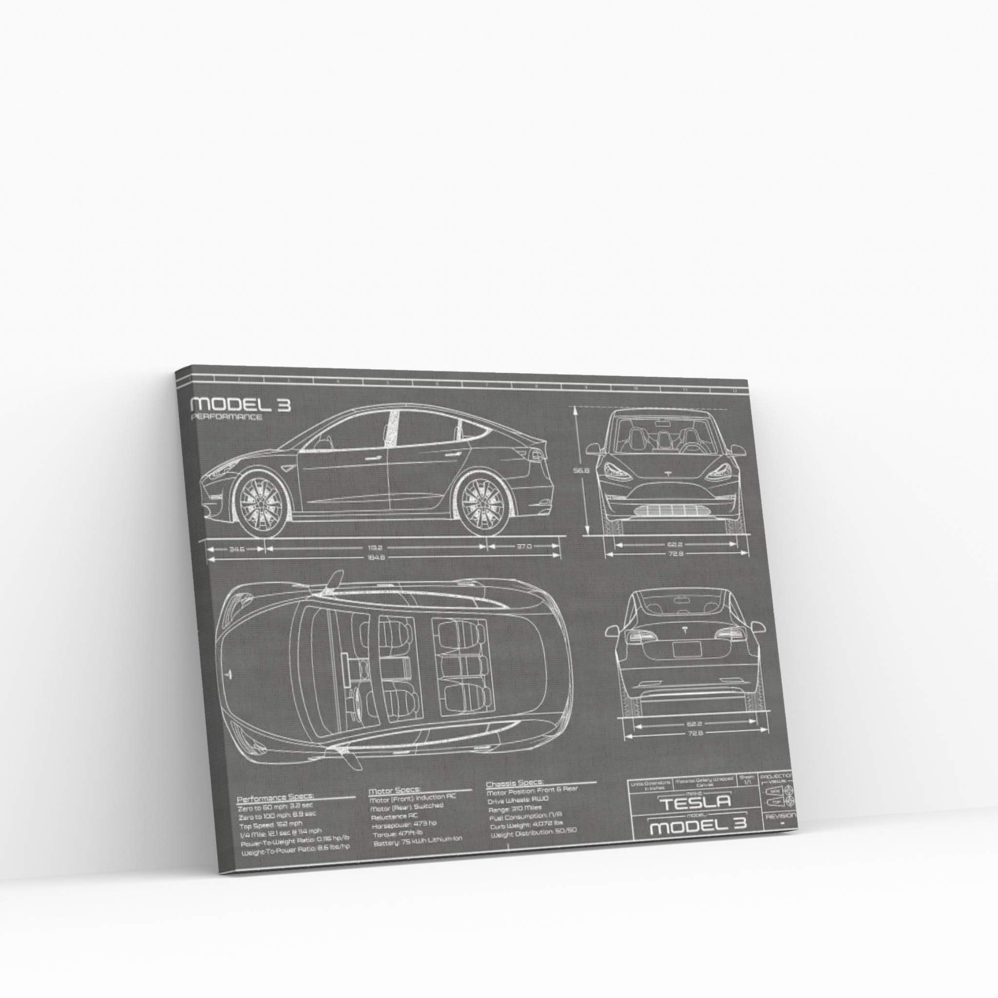 Tesla Model 3 (Performance) | Black Canvas Wall Art - Y Canvas