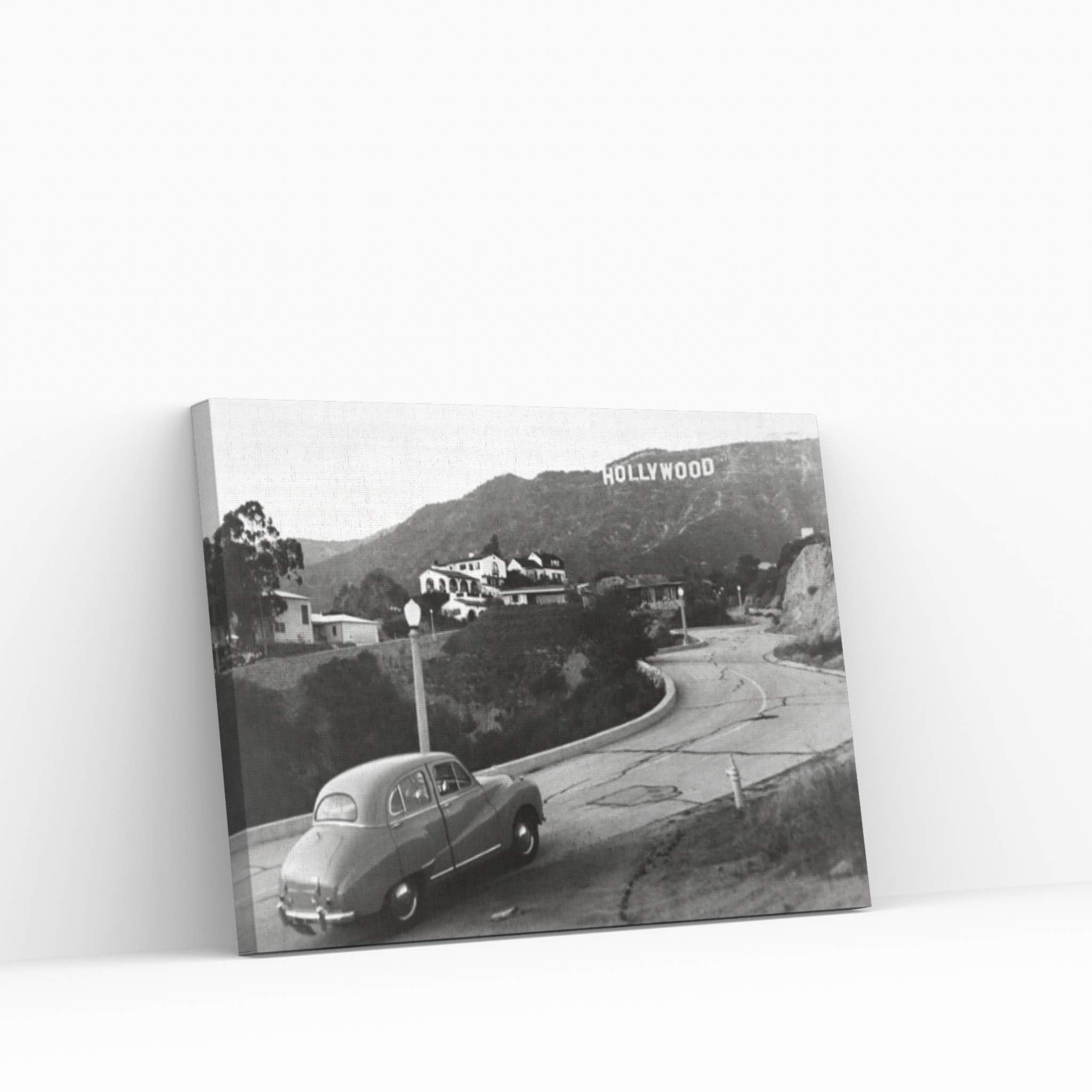 1950s Austin Car Driving Up The Hollywood Hills With Hollywood Sign In Distance Los Angeles Ca USA Canvas Wall Art - Y Canvas